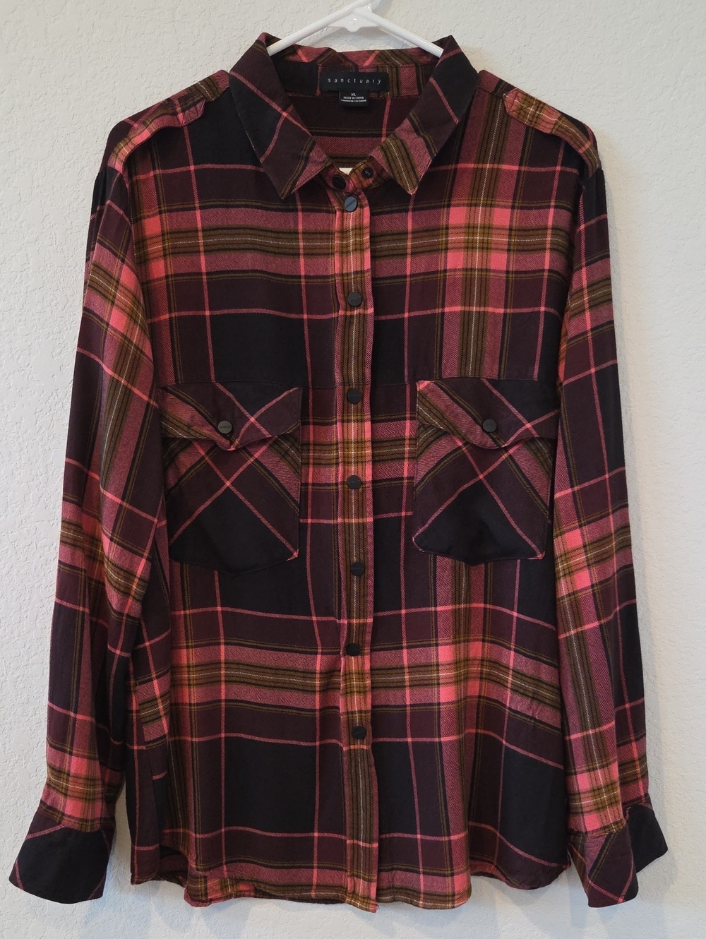 Womens Sanctuary Black Pink Olive Plaid Snap Button Shirt Fall Overshirt Light